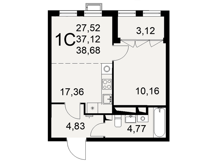 38,7 м², 1-комнатная квартира 5 879 360 ₽ - изображение 1