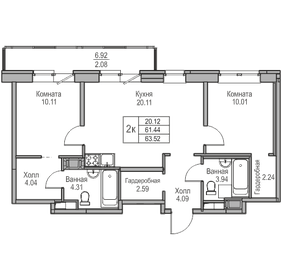 63,7 м², 2-комнатная квартира 11 390 000 ₽ - изображение 63