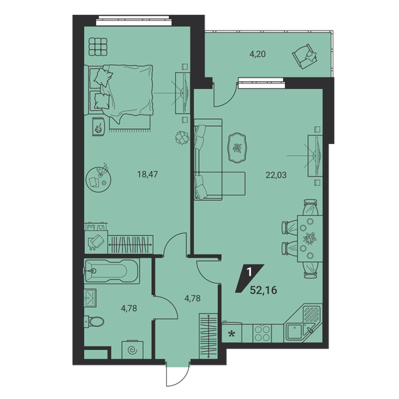 52,2 м², 1-комнатная квартира 7 741 720 ₽ - изображение 1