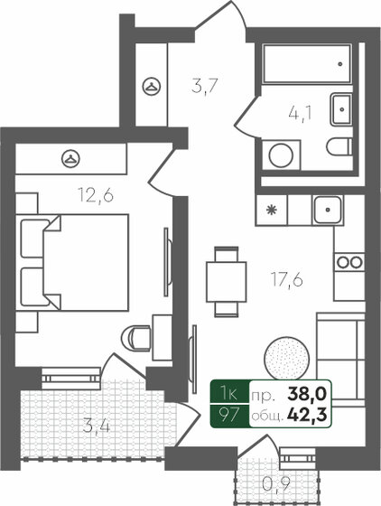 42,3 м², 1-комнатная квартира 5 700 000 ₽ - изображение 1