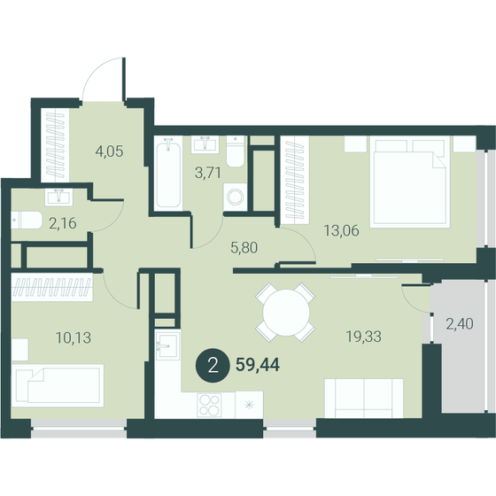 59,4 м², 2-комнатная квартира 7 510 000 ₽ - изображение 1