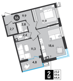 66,5 м², 2-комнатная квартира 8 379 000 ₽ - изображение 1