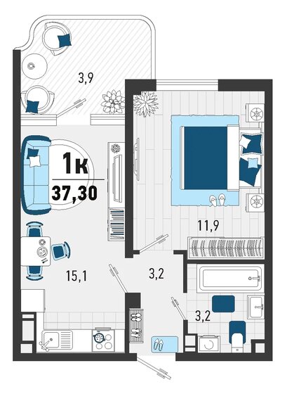 37,3 м², 1-комнатная квартира 10 950 000 ₽ - изображение 1