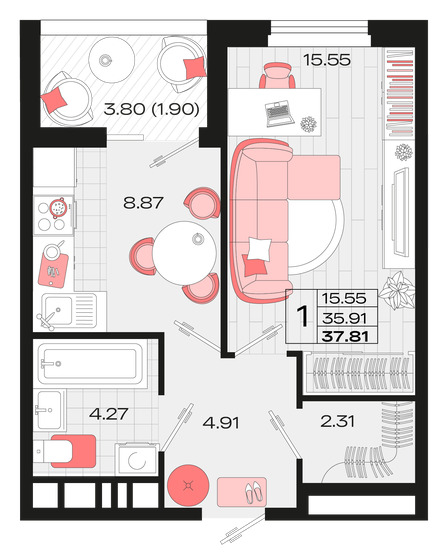 37,8 м², 1-комнатная квартира 5 291 509 ₽ - изображение 1