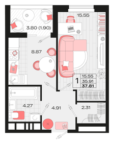 Квартира 37,8 м², 1-комнатная - изображение 1