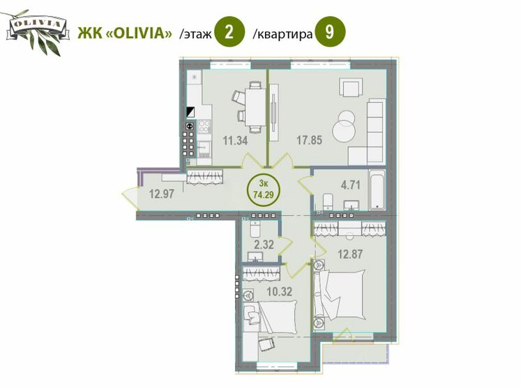 74,3 м², 3-комнатная квартира 7 131 840 ₽ - изображение 1