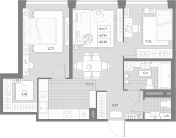 Квартира 62,4 м², 2-комнатная - изображение 1