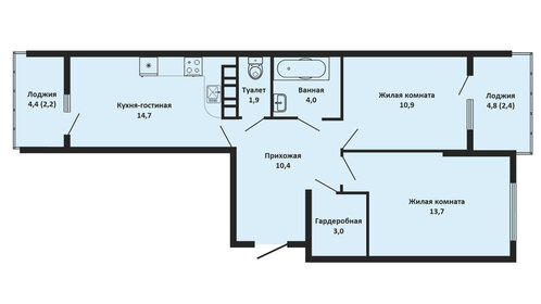 Квартира 63,5 м², 2-комнатная - изображение 1