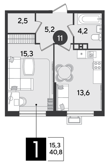 40,8 м², 1-комнатная квартира 7 095 120 ₽ - изображение 1
