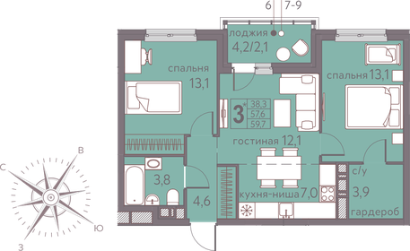 Квартира 59,7 м², 3-комнатная - изображение 1