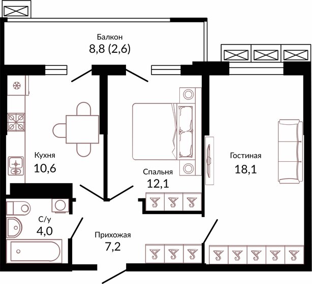 54,6 м², 2-комнатная квартира 7 278 180 ₽ - изображение 1