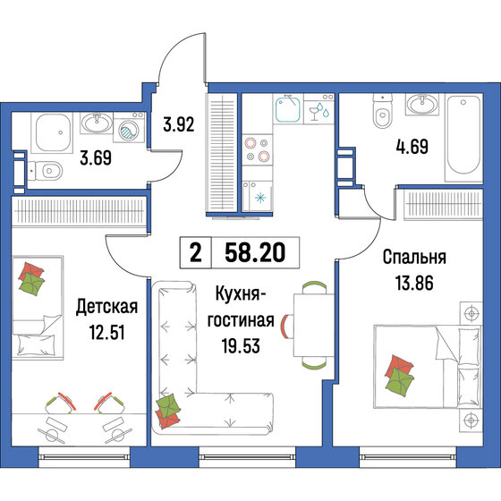 58,2 м², 2-комнатная квартира 9 981 300 ₽ - изображение 1