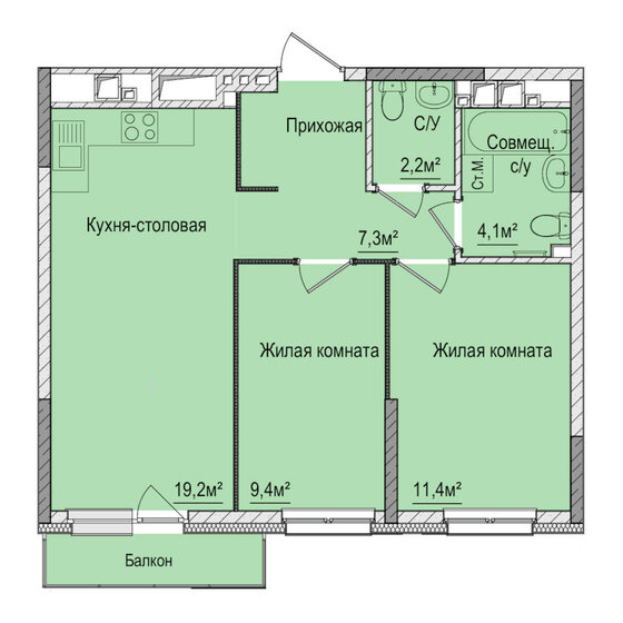 54,6 м², 2-комнатная квартира 3 910 000 ₽ - изображение 10