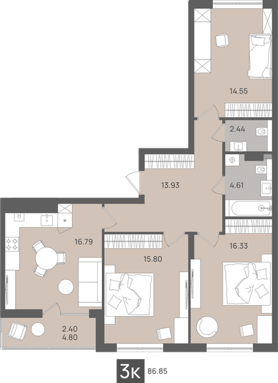 85,3 м², 3-комнатная квартира 14 499 300 ₽ - изображение 12