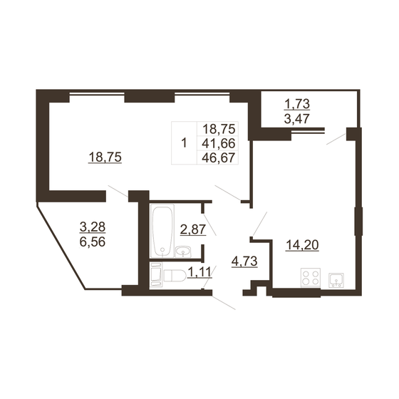 46,7 м², 1-комнатная квартира 5 495 390 ₽ - изображение 1