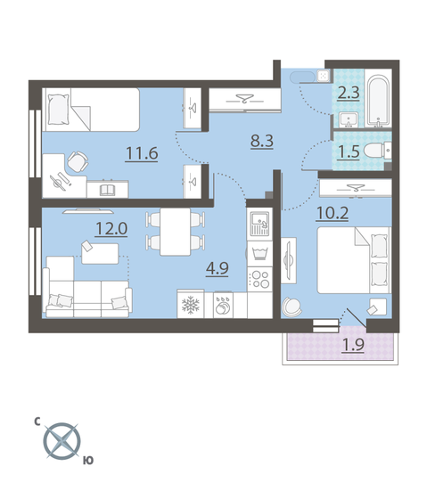 51,4 м², 2-комнатная квартира 5 960 755 ₽ - изображение 1