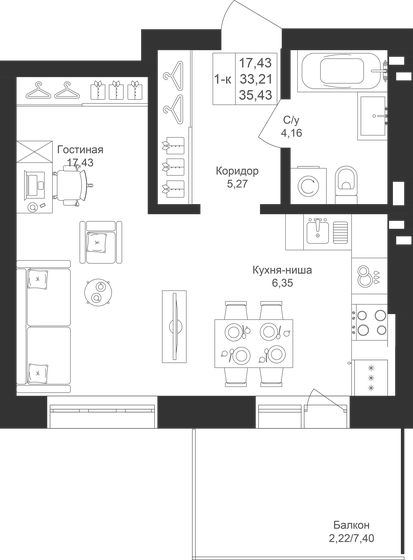35,4 м², квартира-студия 6 554 550 ₽ - изображение 1