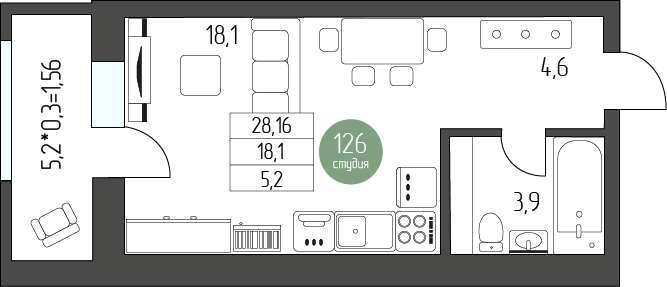 31,8 м², квартира-студия 4 702 720 ₽ - изображение 1