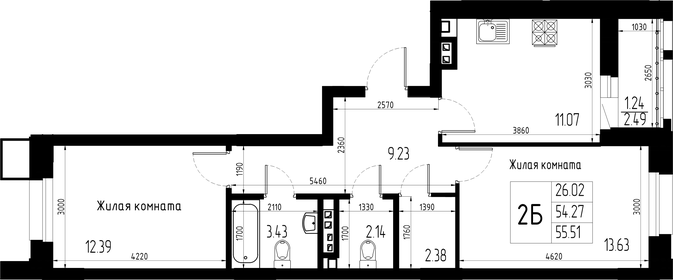 Квартира 55,5 м², 2-комнатная - изображение 1