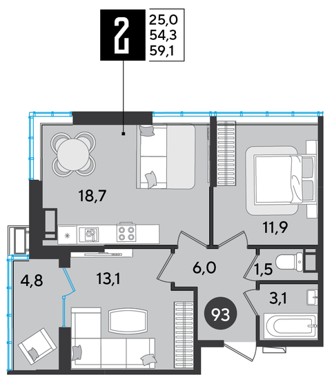 59,1 м², 2-комнатная квартира 7 753 920 ₽ - изображение 1