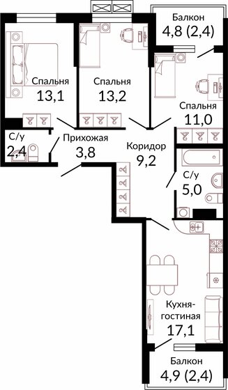 79,6 м², 3-комнатная квартира 10 419 640 ₽ - изображение 1