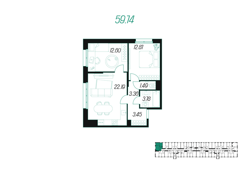 59,7 м², 2-комнатная квартира 6 523 175 ₽ - изображение 1