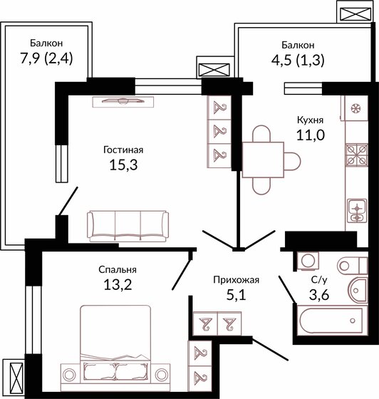 51,9 м², 2-комнатная квартира 7 198 530 ₽ - изображение 1