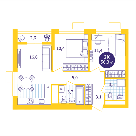 56,3 м², 2-комнатная квартира 7 129 000 ₽ - изображение 18