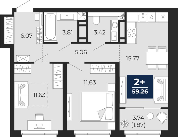59,3 м², 2-комнатная квартира 7 000 000 ₽ - изображение 19