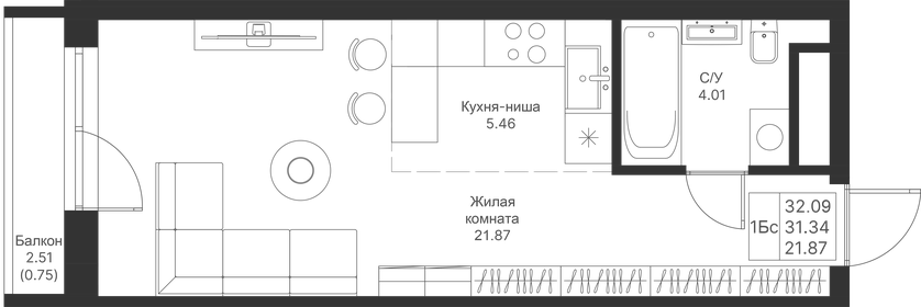 Квартира 32,1 м², студия - изображение 1