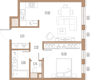 Квартира 49,7 м², 1-комнатная - изображение 1