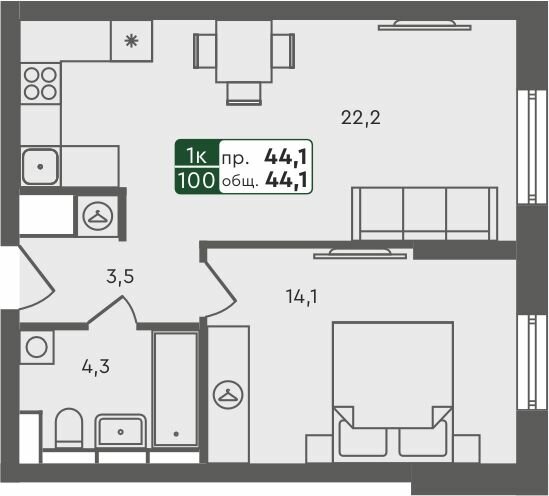 44,1 м², 1-комнатная квартира 5 020 000 ₽ - изображение 1