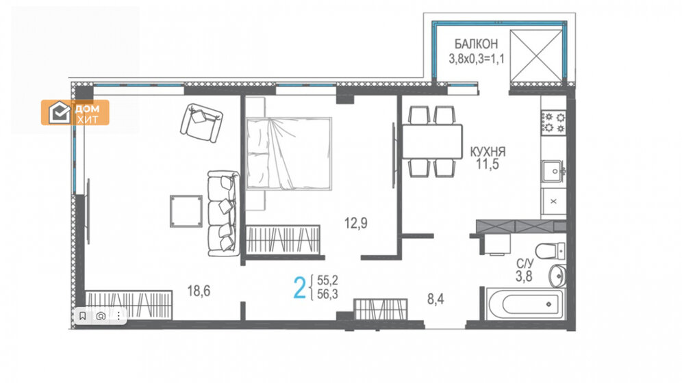 58,9 м², 2-комнатная квартира 10 602 000 ₽ - изображение 1