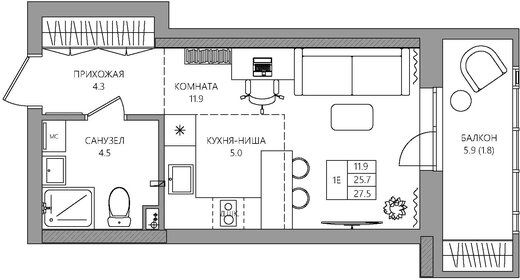 Квартира 27,5 м², студия - изображение 1