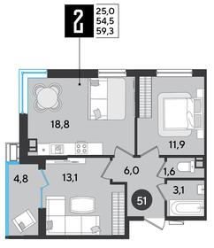 59,5 м², 2-комнатная квартира 9 430 750 ₽ - изображение 21