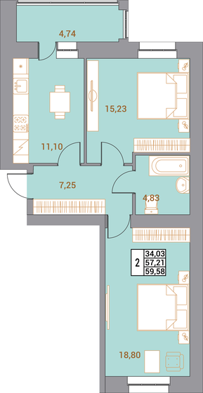 57 м², 3-комнатная квартира 6 100 000 ₽ - изображение 61