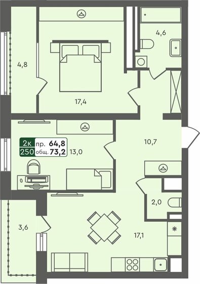 73,2 м², 2-комнатная квартира 6 930 000 ₽ - изображение 1