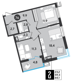 62,6 м², 2-комнатная квартира 9 721 780 ₽ - изображение 20
