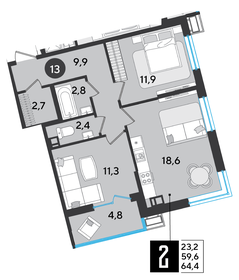 Квартира 64,4 м², 2-комнатная - изображение 1