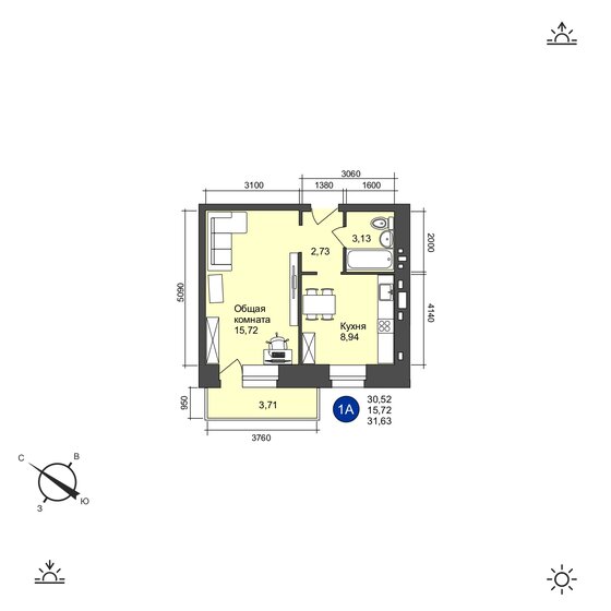 31,6 м², 1-комнатная квартира 2 800 000 ₽ - изображение 1