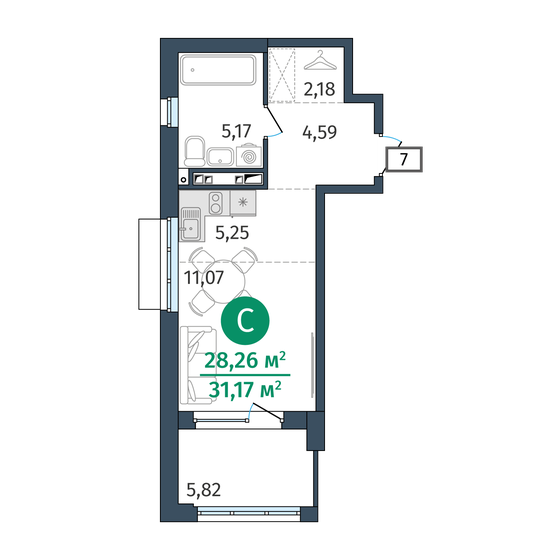 28,3 м², 1-комнатная квартира 4 968 000 ₽ - изображение 1