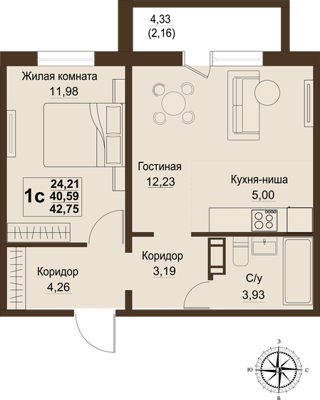 40,6 м², 2-комнатная квартира 4 322 835 ₽ - изображение 1