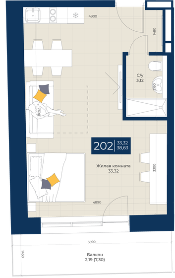 38,5 м², 1-комнатные апартаменты 14 637 600 ₽ - изображение 1