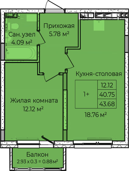 41,4 м², 1-комнатная квартира 3 584 400 ₽ - изображение 1