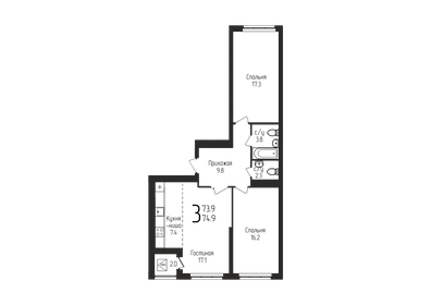 Квартира 74,9 м², 3-комнатная - изображение 1