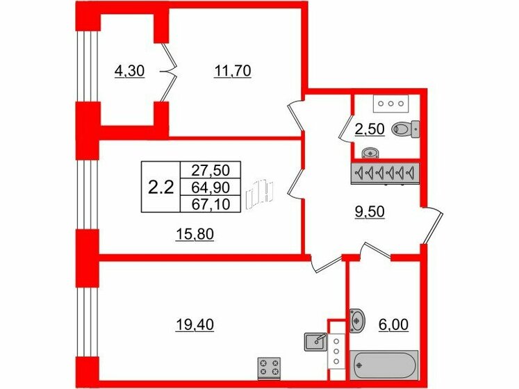 64,9 м², 2-комнатная квартира 28 620 900 ₽ - изображение 1