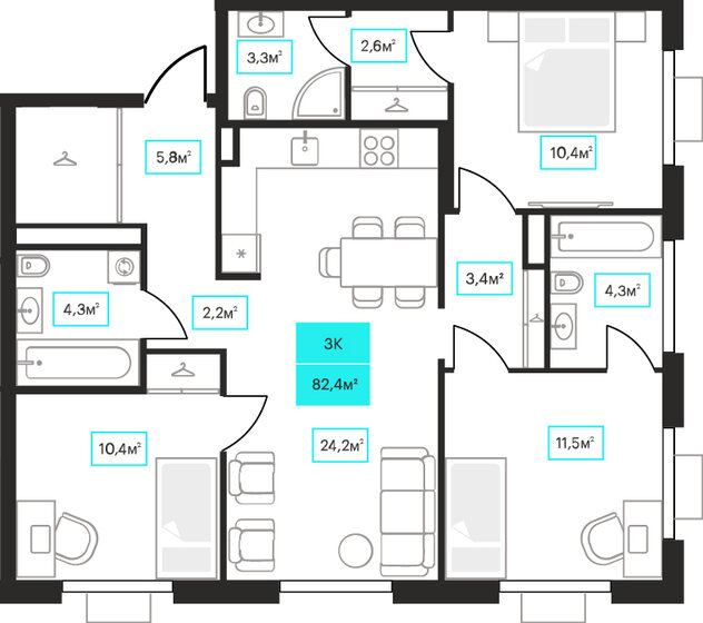 82,4 м², 3-комнатная квартира 11 960 000 ₽ - изображение 1