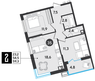 59,5 м², 2-комнатная квартира 9 430 750 ₽ - изображение 17