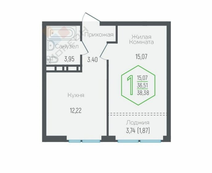 34,6 м², 1-комнатная квартира 6 550 000 ₽ - изображение 1