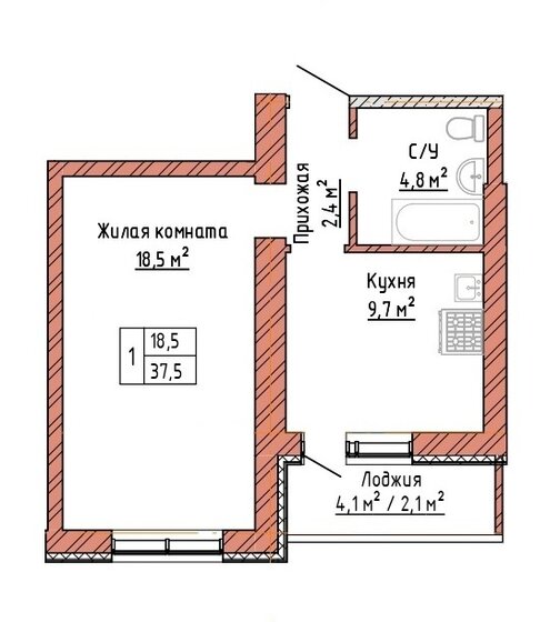 37,5 м², 1-комнатная квартира 3 412 500 ₽ - изображение 1